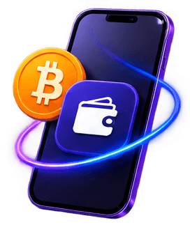 A phone with a Bitcoin coin and a wallet icon in front of it