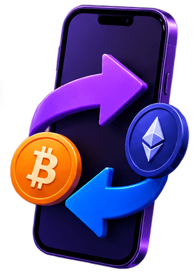 A phone with arrows cycling between Bitcoin and Ethereum